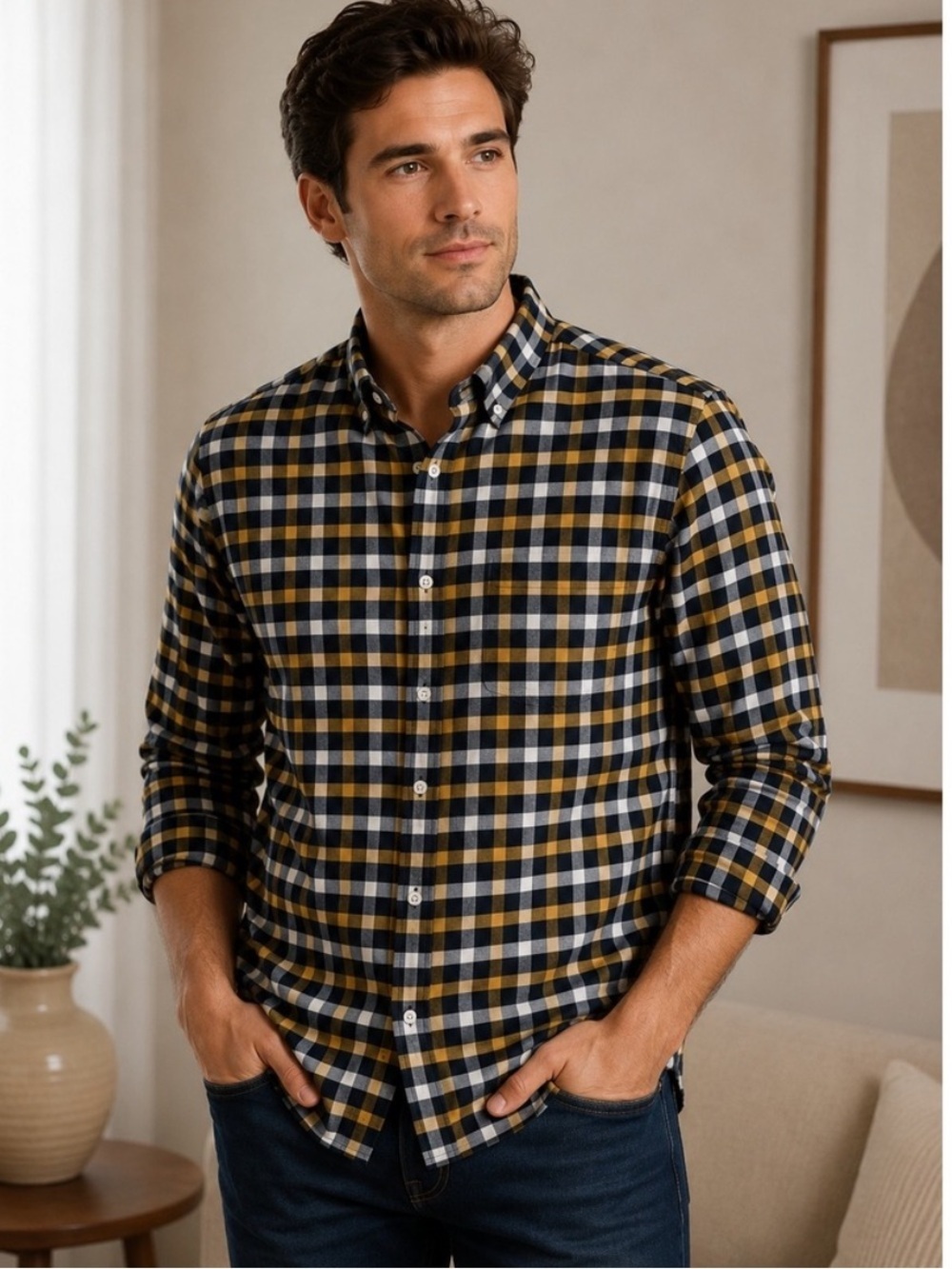 J. Crew Flex Oxford Shirt Mens L Slim Fit Plaid Yellow Navy Blue Long Sleeve